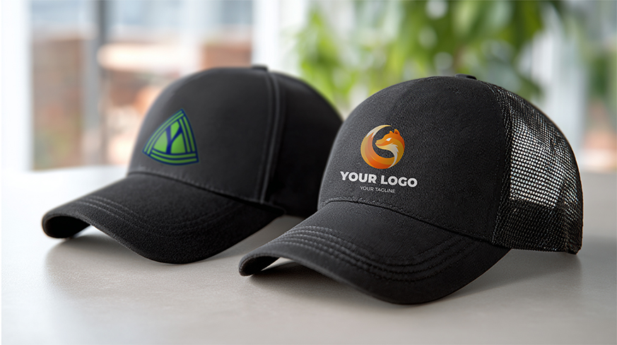 Dos gorras: una con YOUR LOGO y emblema de zorro, otra con triángulo verde-azul, interior