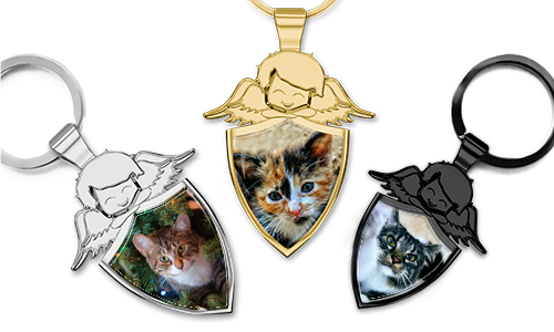 Personalised angel keychain shield as a gift for a cat lover