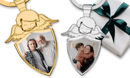 Llavero con escudo de ángel guardián y foto de tu hijo