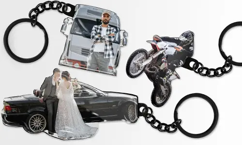 Personalized keychains featuring custom images, including a couple with a car, a motorcyclist, and a man standing in front of a vehicle