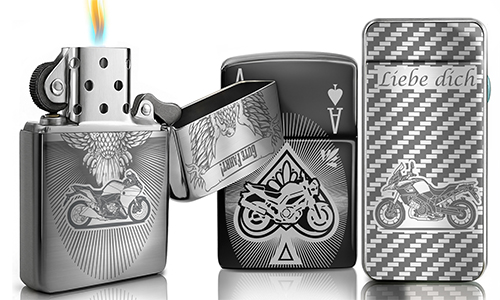 Personalized metal lighters feature laser-engraved motorcycle artwork and sleek stainless-steel finishes
