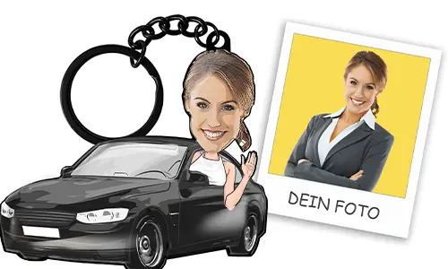 Personalisierter Schlüsselanhänger Comic-Auto Frau