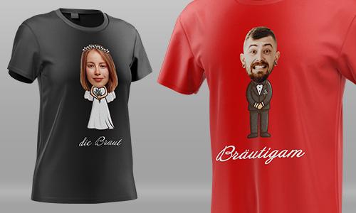 Zwei Hochzeits-T-Shirts – Cartoon-Braut mit „die Braut“ und Bräutigam mit „Bräutigam“ in fetter Schrift.