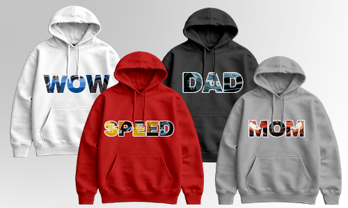 Cuatro sudaderas en semicircunferencia: Blanco WOW, Rojo SPEED, Negro DAD, Gris MOM, letras coloridas sobre fondo degradado