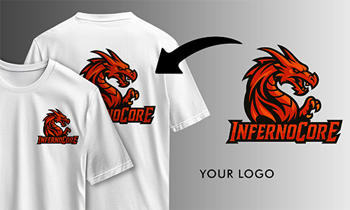 Two white personalized t-shirts with fierce “INFERNOCORE” dragon logo front and back views shown with placement arrow.