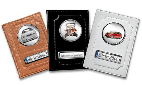 Standard car document holder with car/photo and license plate for your sister