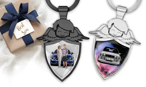Llavero personalizado de ángel en forma de escudo - regalo para tu hijo