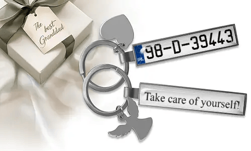 Personalized license plate keychain gift for grandpa with engraved message tag