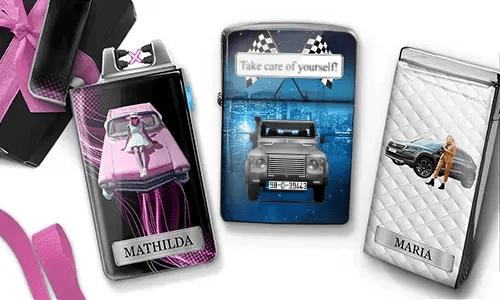 Three rectangular metallic containers with car-themed designs. One shows a pink car and a woman labeled 