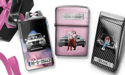 Three custom lighters with romantic car-themed designs: woman in trunk, couple in front of car, carbon-style car