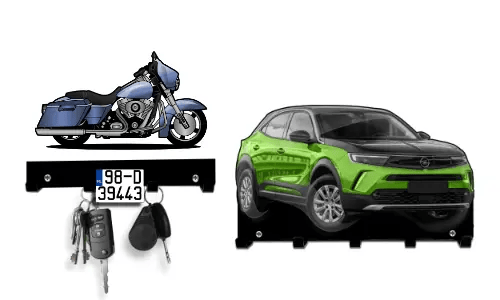 Two car-shaped key holders: red sedan and green-black SUV, both with hooks for hanging keys