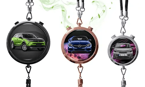 Three pendant-style frames with car images: black with green SUV, rose gold with blue Mercedes, silver with white car