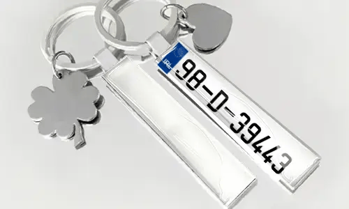 License plate style keychain with flag and charm accessories