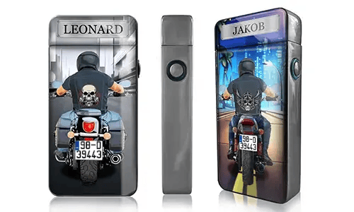 Two rectangular biker-themed devices show motorcyclists from behind. Each biker wears a skull-print shirt and rides on an urban road. Names 