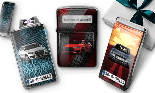 Three car-themed lighters: silver Audi SUV on blue snakeskin background, red sports car with 