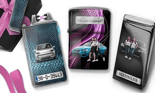 Three custom electronic lighters with car-themed photo prints: blue BMW with 