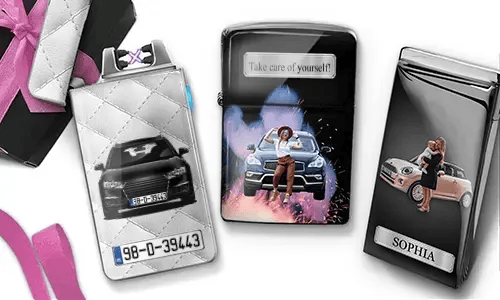 Stylish lighters featuring women posing with luxury cars. Text reads 