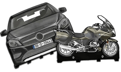 Cardboard cutouts of a black car and metallic motorcycle on stands, used for display or training