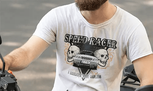 White T-shirt with red motorcycle graphic, flanked by skulls, SPEED RACER text above, I CREATE THE RULES below