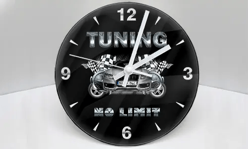 Wall clock with stylized car, checkered flags, and metallic TUNING NO LIMIT text on black background
