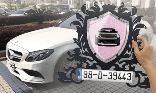 metallschild gestalten schwarz gepulvert mit Rosa Schlangenleder Hintergrund in der Hand personalisiertes metallschild