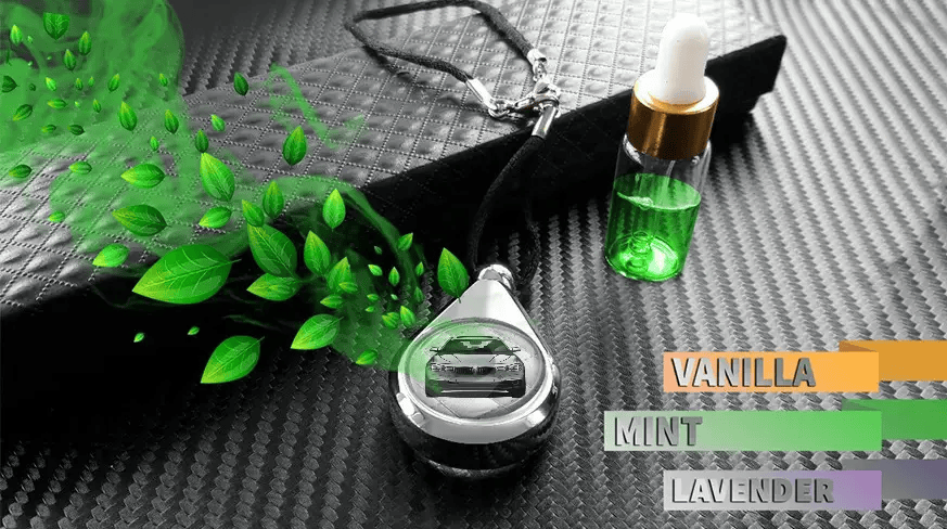 Car perfume pendant releasing fragrance beside scent refill bottles, showcasing available aromas like vanilla, mint, and lavender