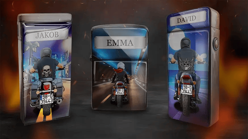 Three lighter cases feature motorcyclists from behind, each named: Jakob, Emma, and David. Urban nightscape, tunnel, and moonlit backgrounds. Energetic vibe.
