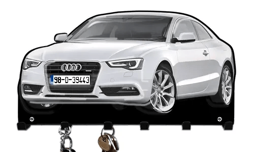 Wall-mounted key holder shaped like a white Audi car with hooks for organizing keys
